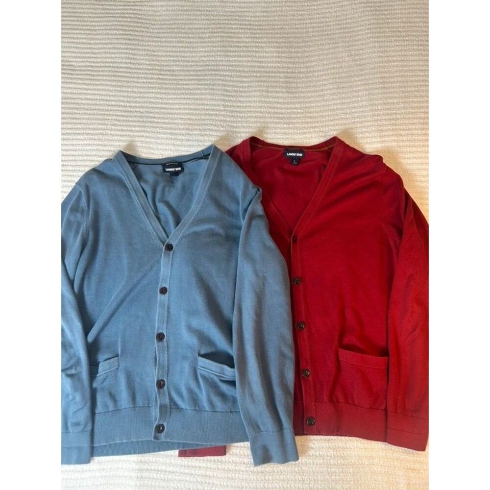 Lot of 2x Lands End Cardigan Men 100% Supima Cotton L Large 42-44 Sweater Money